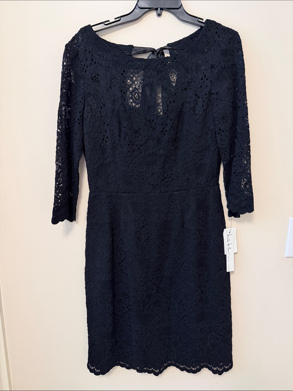 NWT Nicole Miller Black Lace Sheath Dress with Sheer/Open Back and Tie Back
